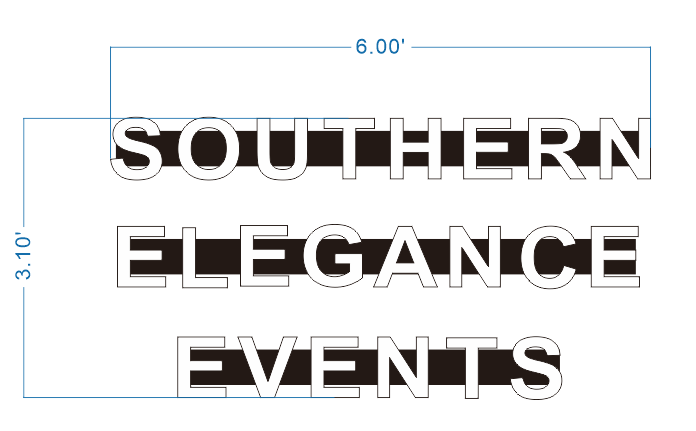 Custom Southern Elegance Events face-lit channel letter sign size proof by Volt Signs, 6 foot wide stacked layout with returns for raceway mount.