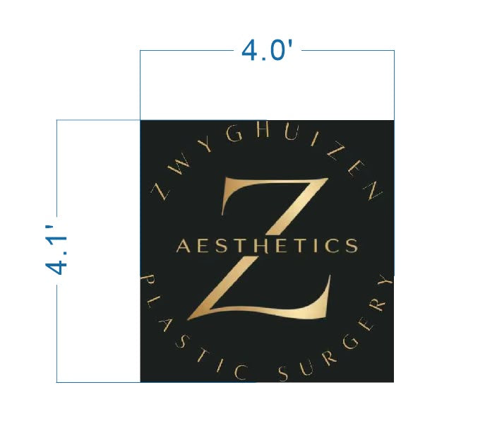 Black square sign with gold stylized Z, AESTHETICS center, circular gold Zwyghuizen Plastic Surgery, blue 4.0' 4.1'