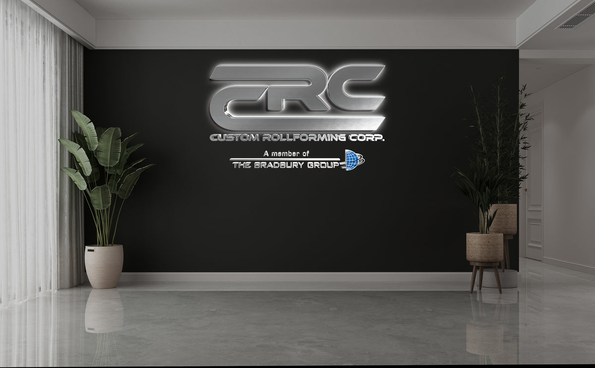 Custom CRC Custom Rollforming Corp 3D chrome metal logo sign with halo backlighting in corporate lobby, polished dimensional letters on dark wall.