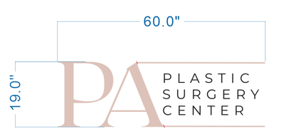 Custom PA Plastic Surgery Center logo sign size proof by Volt Signs, 60 inch wide layout with blush PA monogram and navy wordmark.