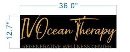 Black sign with gold script "IV Ocean Therapy" and gold "Regenerative Wellness Ctr", blue measurements 36.0" x 12.7".