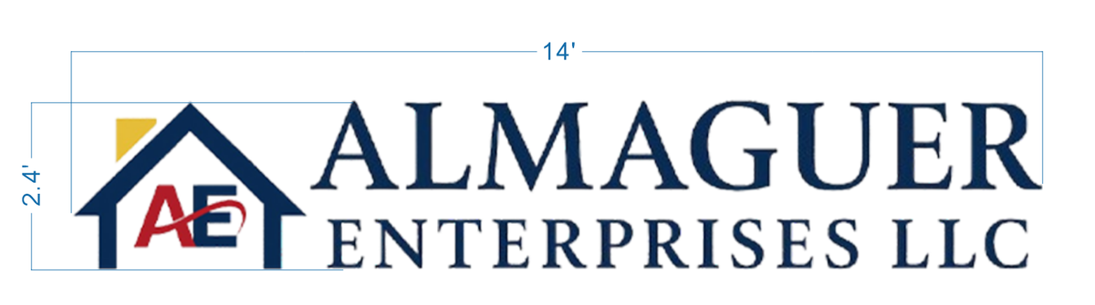 Almaguer Enterprises LLC logo: navy house with red 'AE', yellow square accent, serif text, size 14' x 2.4'.