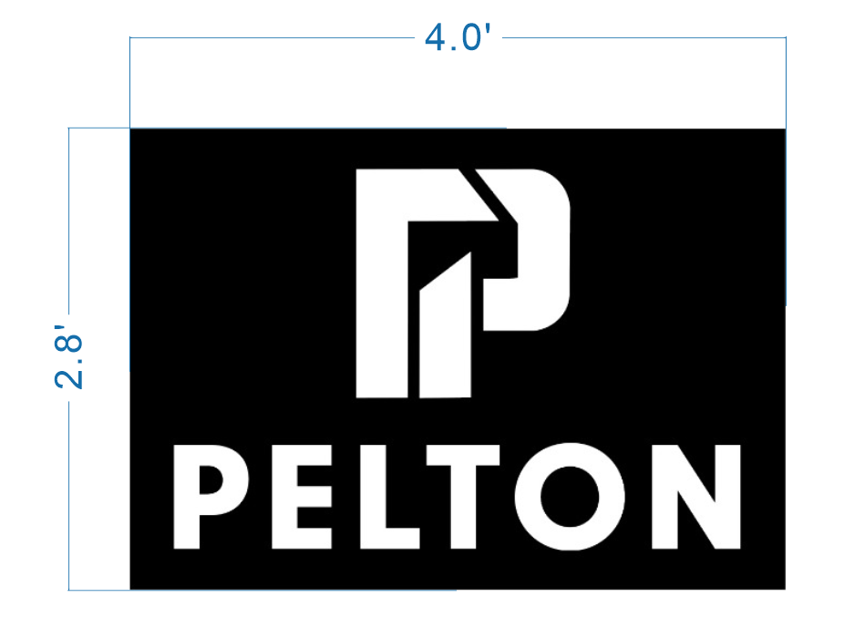 Pelton logo sign size proof, 4 foot wide layout with modern white P monogram and wordmark on black background for business brand.