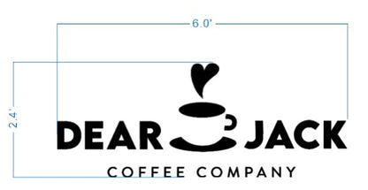 Black DEAR JACK logo with coffee cup and heart steam, COFFEE COMPANY below, blue 6.0' x 2.4' dimension lines.