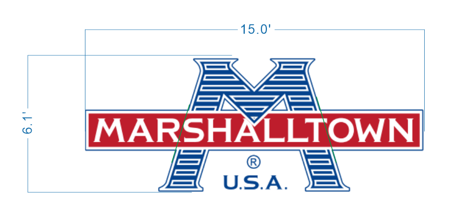 Marshalltown USA logo sign size proof, 15 foot wide layout with blue M monogram and red banner wordmark for manufacturing brand.