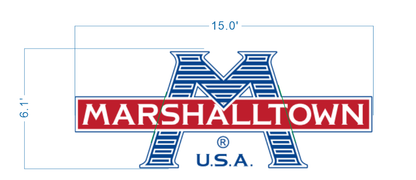 Marshalltown USA logo sign size proof, 15 foot wide layout with blue M monogram and red banner wordmark for manufacturing brand.