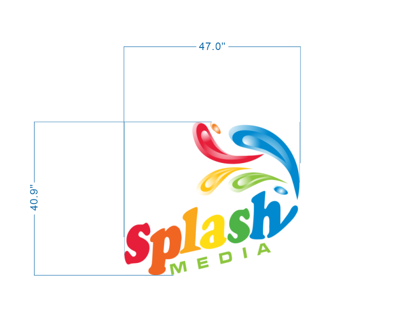 Custom Splash Media logo sign size proof by Volt Signs, 47 inch wide layout with rainbow paint splash design for media company.