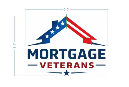 Mortgage Veterans logo sign size proof, 6 foot wide layout with patriotic USA flag house roof emblem and wordmark for mortgage broker brand.
