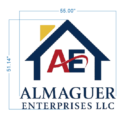 Blue roof logo with yellow attic, red A and blue E joined by red swoosh; shows 55.00"×51.14" ALMAGUER ENTERPRISES LLC.