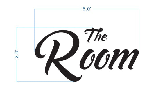 Black script text 'The Room' centered on white background with blue dimension lines showing 5.0' width and 2.6' height.