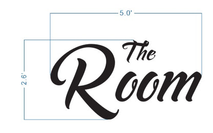 Black script text 'The Room' centered on white background with blue dimension lines showing 5.0' width and 2.6' height.