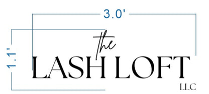 White mockup of 'the LASH LOFT' black logo in serif and script with blue dimension lines 3.0' by 1.1' and small LLC.