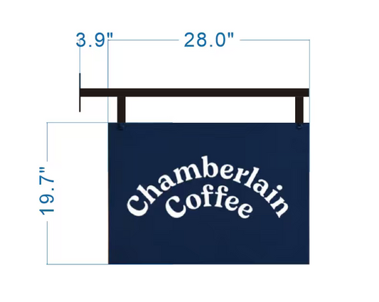 Dimension drawing of custom double-sided hanging sign for Chamberlain Coffee with navy blue background and white text
