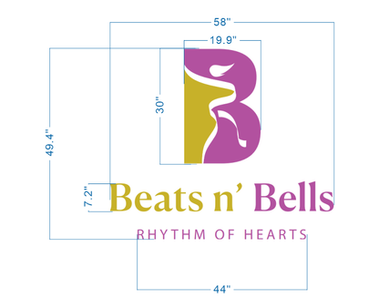 Purple and gold B logo with white dancer silhouette, Beats n' Bells gold/purple text and blue dimension lines.