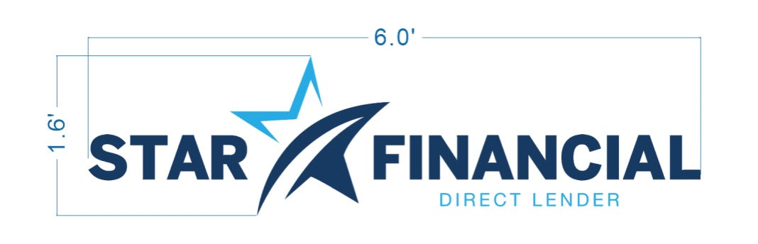 Star Financial Direct Lender logo sign size proof, 6 foot wide layout with navy wordmark, star burst emblem, and tagline for mortgage lender.