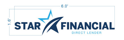 Star Financial Direct Lender logo sign size proof, 6 foot wide layout with navy wordmark, star burst emblem, and tagline for mortgage lender.