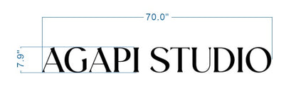 Agapi Studio storefront sign size proof, 70 inch wide layout with elegant serif wordmark, design reference for gold metal letters.