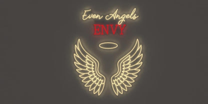 Neon sign on dark gray wall reading 'Even Angels' in pale script and 'ENVY' in red, glowing halo and yellow wings.