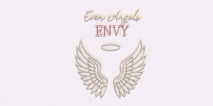 Gold-outlined angel wings and halo on pale background beneath cursive 'Even Angels' and red block 'ENVY'.