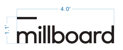 Black lowercase millboard text with small black horizontal bar above left, blue measurement lines 4.0' and 1.1' on.