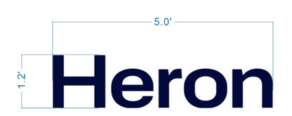 Navy bold 'Heron' lettering with blue architectural dimension lines indicating 5.0' width and 1.2' height on white ba...