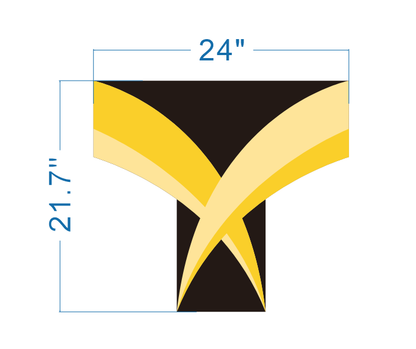 Black T-shaped panel with overlapping golden-yellow ribbon arcs, dimensions labeled 24" width and 21.7" height in blue.