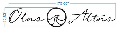 Black cursive signature Olas left and Attas right with circular wave logo between; blue dimension lines 175.00"×32.80".