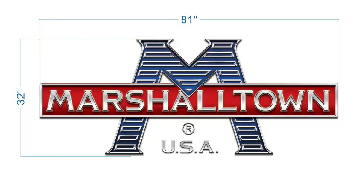 Marshalltown logo with large blue striped 'M', red silver-lettered MARSHALLTOWN bar, ® and U.S.A., 81"×32".