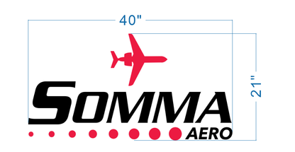 Somma Aero logo: red airplane silhouette above black SOMMA and AERO text, row of red dots, blue 40" x 21".