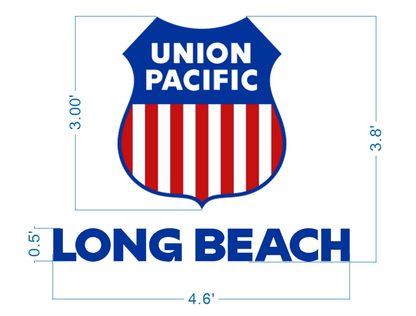 Union Pacific blue shield logo with white 'UNION PACIFIC', red-and-white vertical stripes and blue 'LONG BEACH' text.