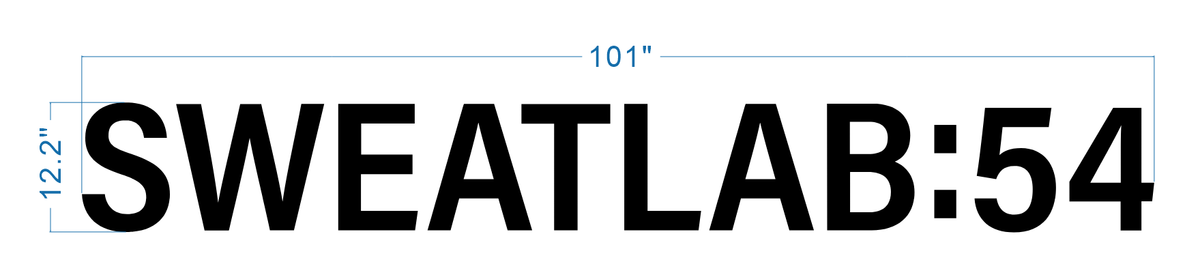 Large black text 'SWEATLAB:54' on white background with blue measurement lines indicating 101" width and 12.2" height.