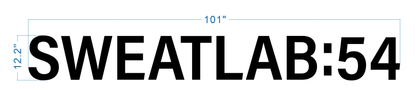 Large black text 'SWEATLAB:54' on white background with blue measurement lines indicating 101" width and 12.2" height.