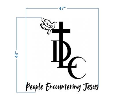 Black logo: cross with perched dove, stacked letters DLC and 'People Encountering Jesus' text, blue 47"×48" marks.