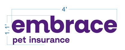 Purple 'embrace' wordmark with smaller 'pet insurance' below, blue dimension lines showing 4' width and 1'-1" height.
