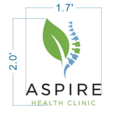 ASPIRE Health Clinic logo: green leaf with blue-and-green spine, black ASPIRE, green HEALTH CLINIC 1.7'×2.0'.