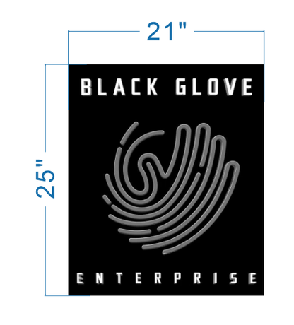 Black poster 21"x25" with blue size markers, white BLACK GLOVE top, gray fingerprint swirl logo, ENTERPRISE bottom.