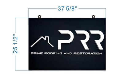 Black sign with white PRR logo and roof outline, Prime Roofing & Restoration, eyelets, blue dims 37.625" x 25.5".