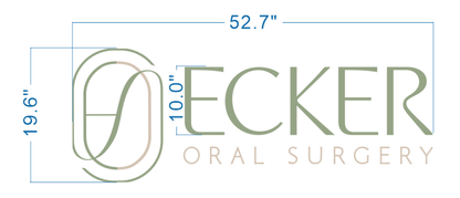 Ecker Oral Surgery logo with sage-green and tan overlapping oval monogram blue dimension lines 52.7 in, 19.6 in, 10.0.