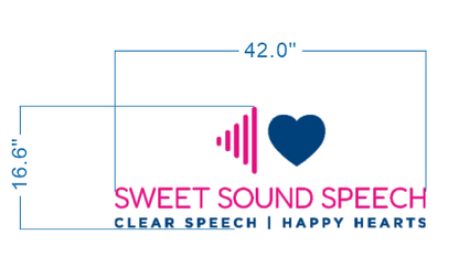42.0"×16.6" frame: magenta soundwave, navy heart, "SWEET SOUND SPEECH" magenta, "CLEAR SPEECH | HAPPY HEARTS" navy.
