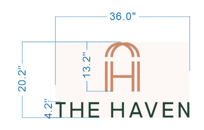 Dark green THE HAVEN text below terracotta arched H logo on beige background with blue size lines 36.0", 20.2", 13.2".