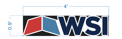 Black rectangle with WSI logo: red and blue open-book icon left and navy 'WSI' letters, blue 4' and 0.9' dimension.