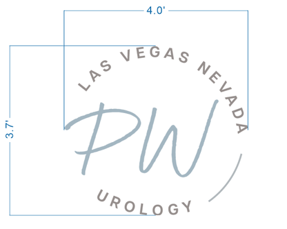 Circular PW Urology logo reading LAS VEGAS NEVADA and UROLOGY with light blue script PW and dimension lines 4.0' by.