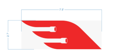 Red stylish wing graphic with two white pipe openings on light gray rectangle; blue dimension lines labeled 7.5' by 2.