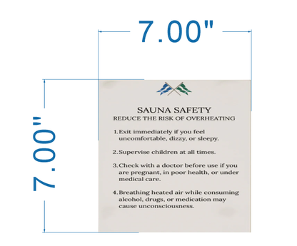 7.00" x 7.00" beige 'SAUNA SAFETY' sign with blue-green crossed flags, blue dimension markings and four warnings.