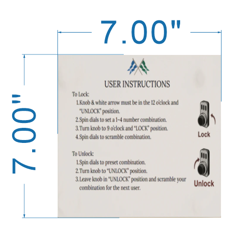7.00" x 7.00" square instruction card with 'USER INSTRUCTIONS' for combination lock, lock and unlock icons.