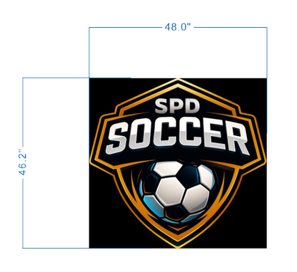 Black square with gold shield logo 'SPD SOCCER' over soccer ball with blue highlights; blue dimensions 48.0" and 46.2".
