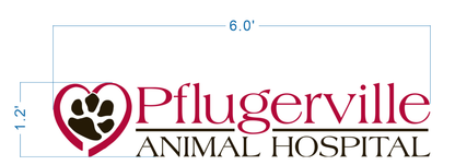 Pflugerville Animal Hospital logo: maroon heart with brown paw, maroon Pflugerville over ANIMAL HOSPITAL, blue 6.0'.
