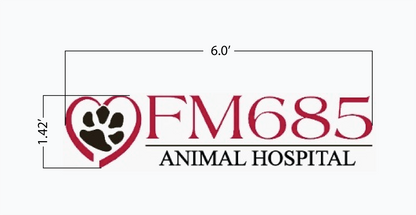FM685 Animal Hospital logo: red heart paw print, magenta FM685, black ANIMAL HOSPITAL underlined, dimensions 6.0'×1.42'.
