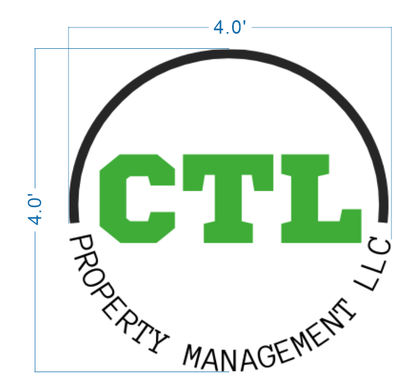 Green 'CTL' logo centered with black semicircle above, curved 'PROPERTY MANAGEMENT LLC' below and blue 4.0' dimensions.