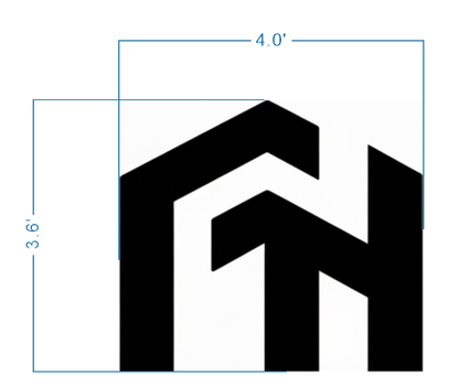 Black angular house-like geometric logo centered on white background with blue dimension lines: 4.0' width, 3.6' height.
